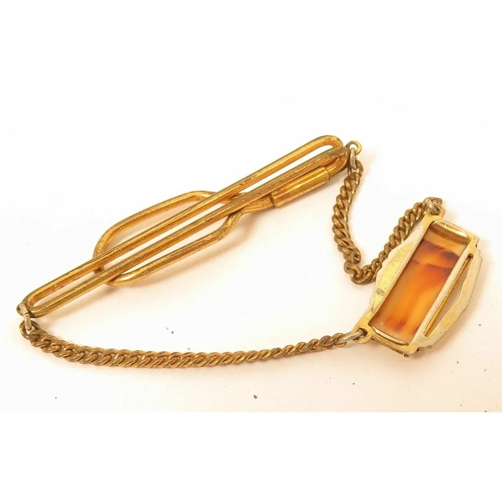 Old Vintage Art Deco Gold Men's Agate Gemstone Drop Tie Clip Clasp‎